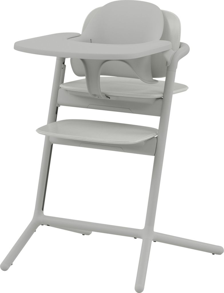 A studio shot of a gray high chair.