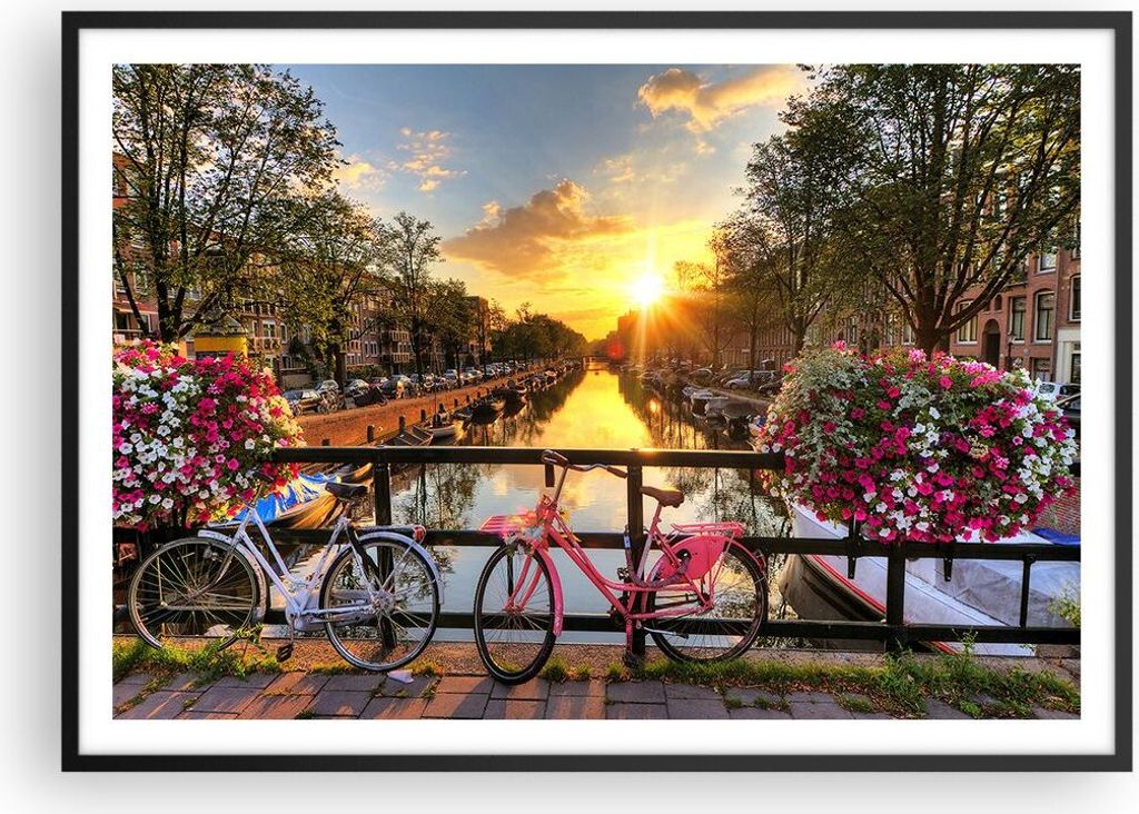 Gerahmtes Poster - Schwarzer Rahmen - Bikes Kanal Amsterdam Architektur - 100x70 cm - Wand Bild - Wanddeko - Wandbilder - Wandposter - Bilderrahmen...