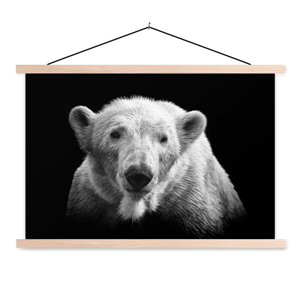 MuchoWow Textilposter Porträt Eisbär auf schwarzem Hintergrund in schwarz und weiß 60x40 cm mit holzfarbenen Rahmen - Bilder