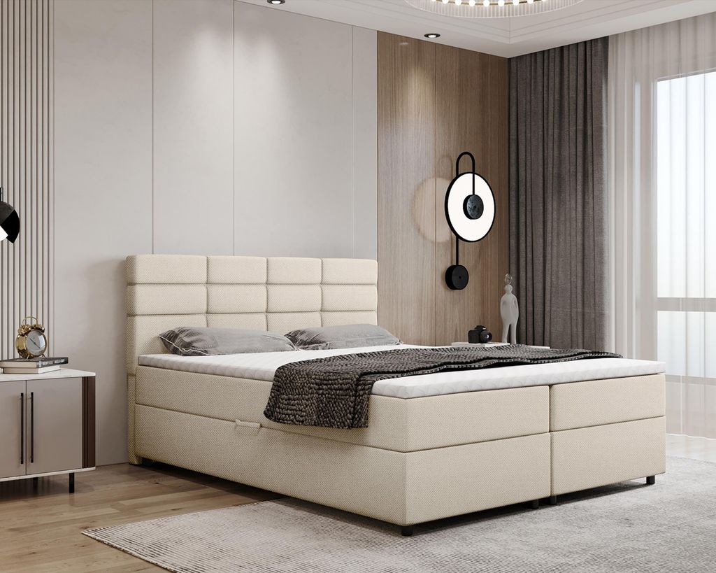 Boxspringbett 160x200, mit Bettkasten, Beige, Matratze und Topper, Doppelbett, REVE, Panda Möbel