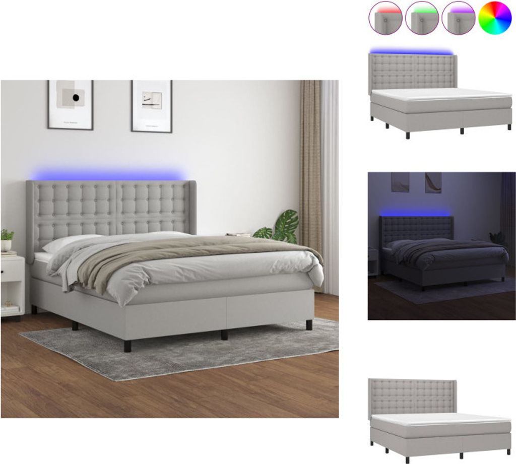 vidaXL Boxspringbett mit Matratze & LED Hellgrau 160x200 cm Stoff - Betten & Bettgestelle