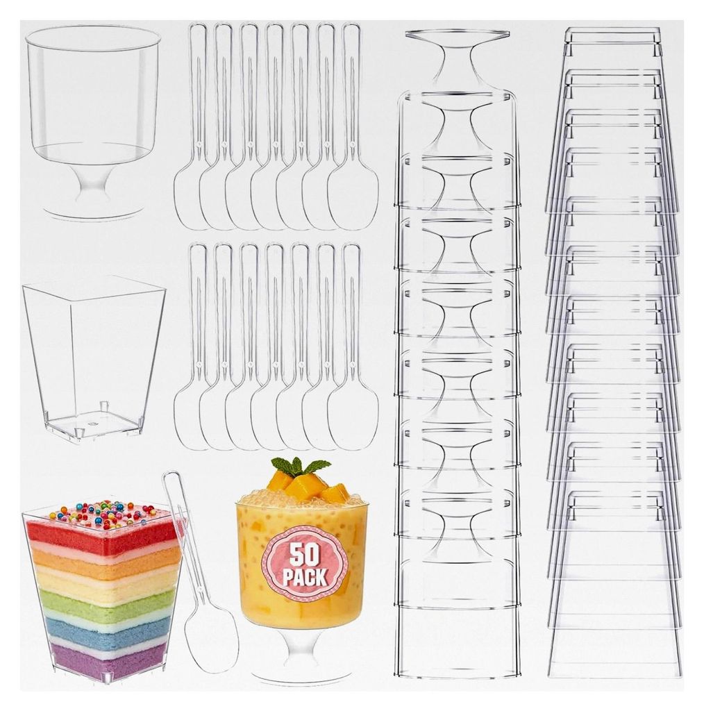 50 Stück Desserttassen mit Löffeln, 150 ml Dessertgläser aus Plastik, wiederverwendbare quadratische Desserttassen für Familiendesserts, Puddin...