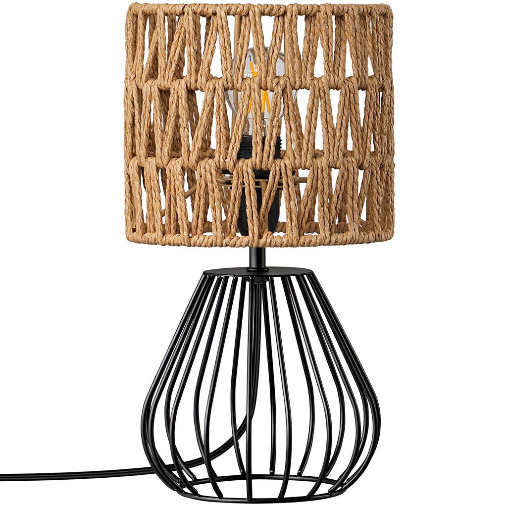 EDISHINE Boho Nachttischlampe mit Papierseil-Schirm, Vintage Tischlampe E14, 29 cm
