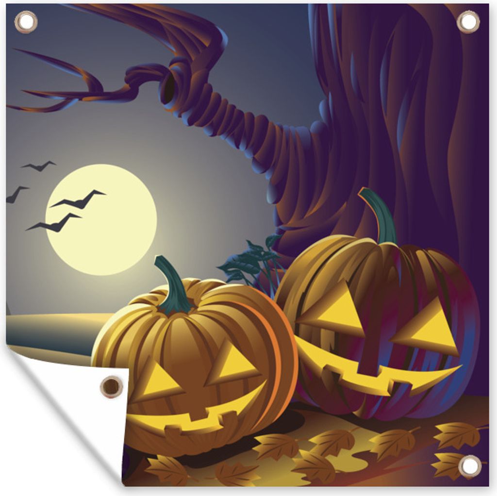 MuchoWow 100x100 cm Outdoor-Poster Gartendeko Sichtschutz Garten Poster für den Garten Zwei Kürbisse in einer Halloween-Nacht in einer Illustra...