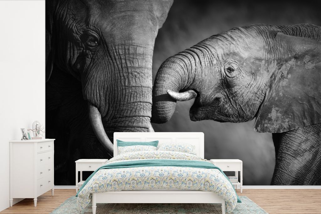 MuchoWow Fototapete für Wohnzimmer oder Schlafzimmer Wandtapete Vinyl Motivtapete Wildtiere - Elefant - Schwarz - Weiß - Porträt - 330x220 cm ...