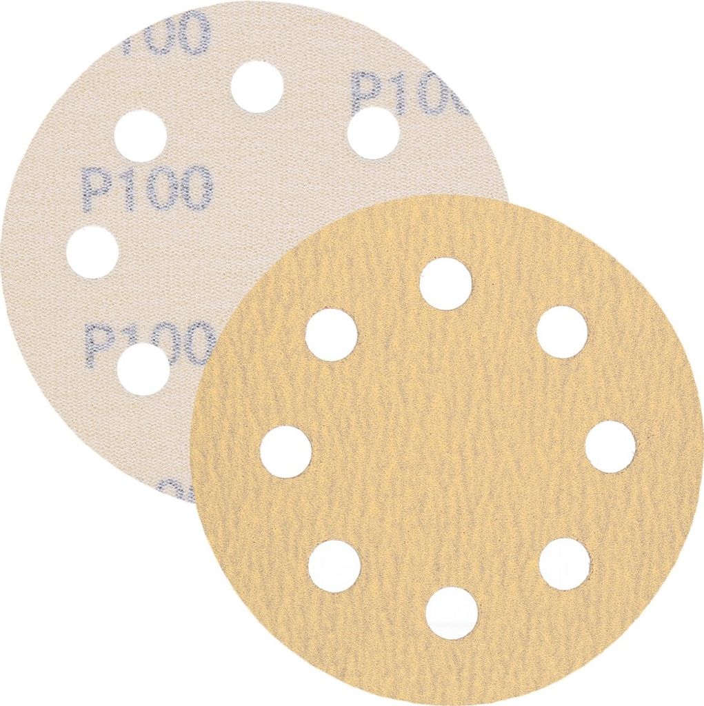 P100 Schleifpapier, Schleifscheibe - Universal (gelb) 125mm, 8-fach-gelocht, Latexbasis - 10er Pack