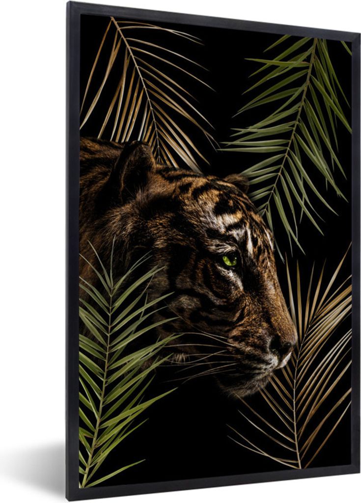 MuchoWow MuchoWow Gerahmtes Poster Tiger - Pflanzen - Palme 40x60 cm - Poster mit zchwarzem Bilderrahmen - Papierdruck - Wandbilder