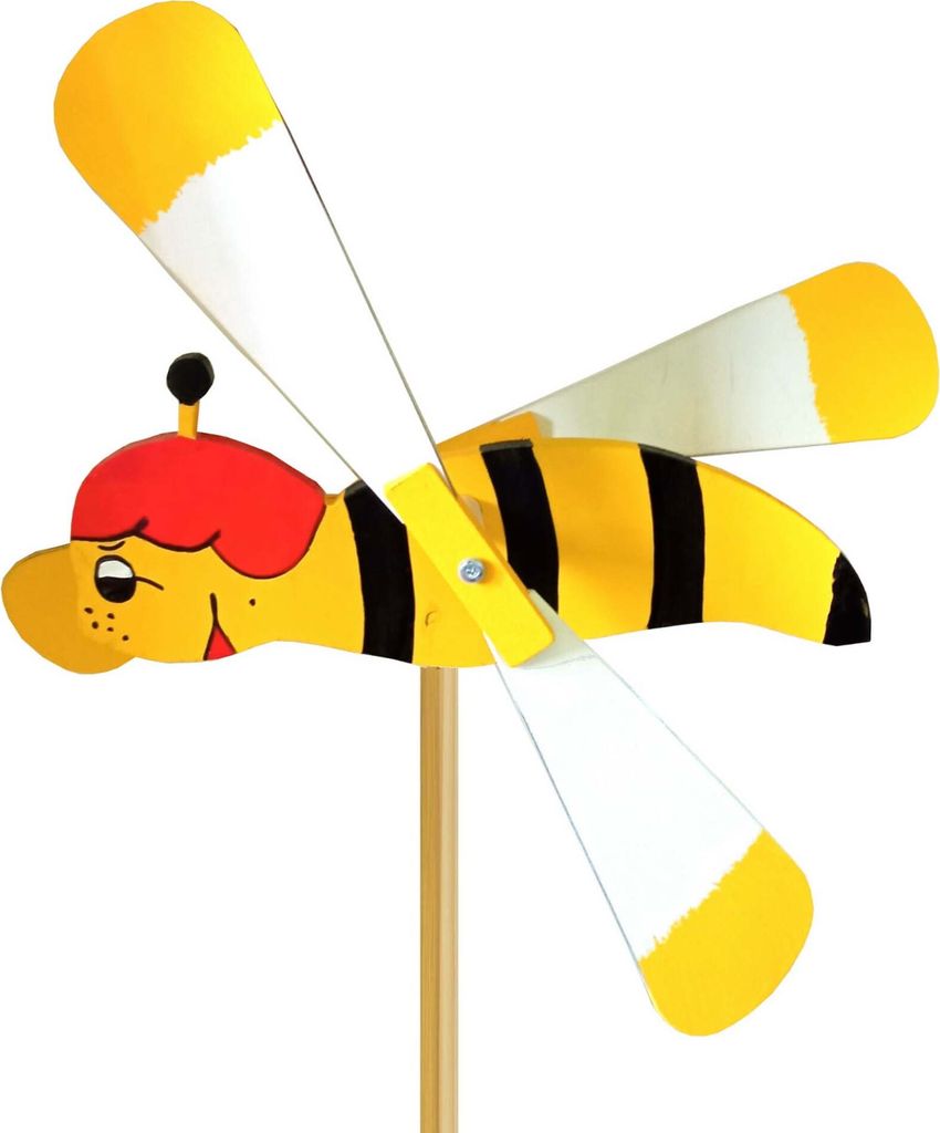 A wooden bee-shaped wind spinner on a stick, against a white background.