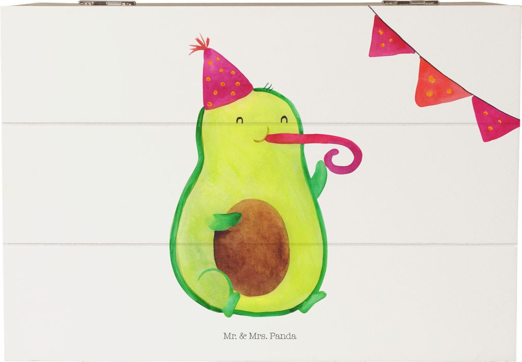 Mr. & Mrs. Panda Holzbox Avocado Party Zeit 22 x 15 cm - Weiß - Geschenk, Geschenkbox, schatztruhe, Holztruhe, Box, Schulabschluss, Geburtstag, Ha...