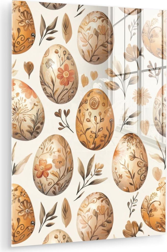 MuchoWow Glasbilder - Bilder auf Wandbild - Foto auf Glas Ostereier - Braun - Blumen 60x80 cm Wanddekoration aus Glas - Acrylglasbild - Acrylbilder...