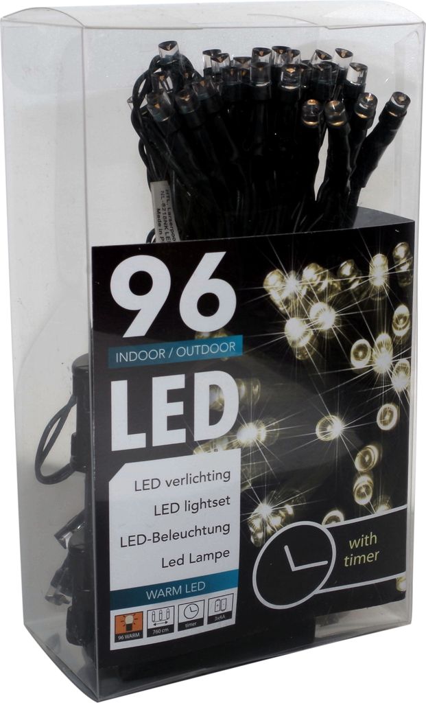 A product package for a string of 96 LED lights, showing the lights and product information.