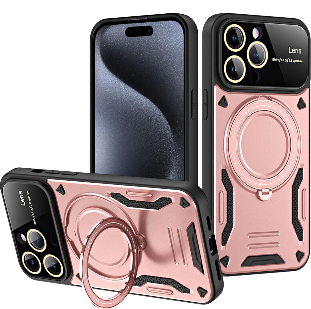 Rüstung Handyhülle für iPhone 15 Pro Dual-Layer Magnetisches Ringhalter Ständer Magsafe Hülle Roségold