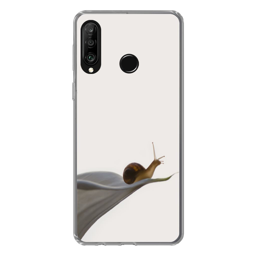 MuchoWow Handyhülle Schutzhülle Hülle für Huawei P30 Lite Schnecke - Lilie - Grau Silikon Softcase Handy Hülle - Handyhülle