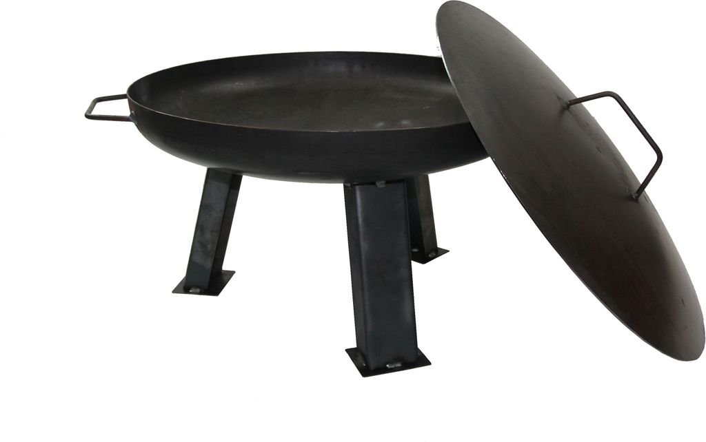 A black metal fire pit with a lid resting on its side, shown on a white background.