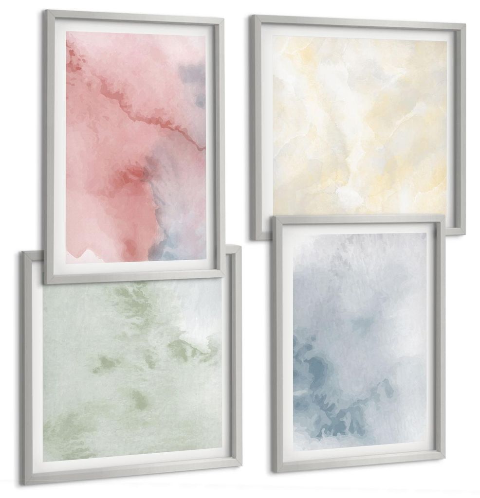 Bilder Set 4-teilig im silbergerahmten Rahmen – Wandbilder 4 Stück – gerahmte Poster für Wohnzimmer, Schlafzimmer und Flur – 50x50 cm - 40x...
