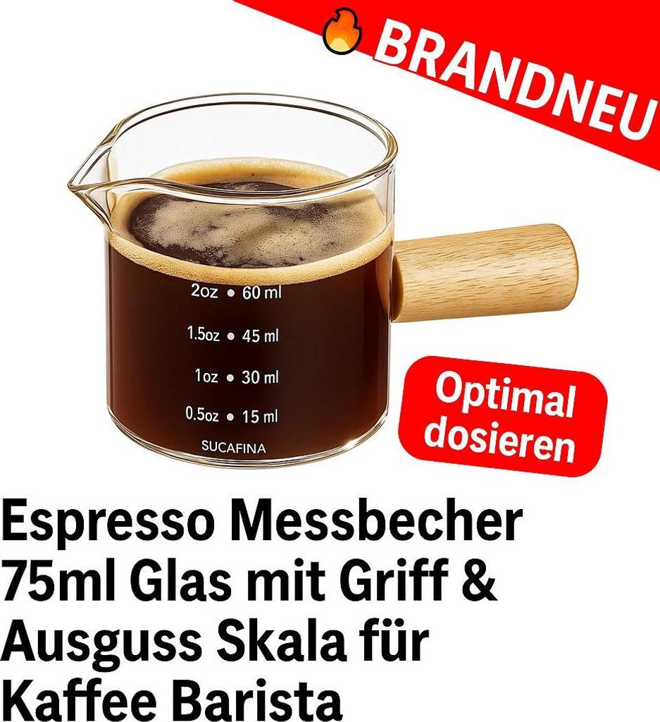 Espresso Messbecher 75ml Glas mit Griff & Ausguss Skala für Kaffee Barista