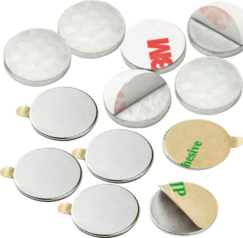 vasalat Scheibenmagnet flach, Magnete mit Metallscheiben selbstklebend, Rundmagnet ø 15mm, Neodym vernickelt 12-teilig