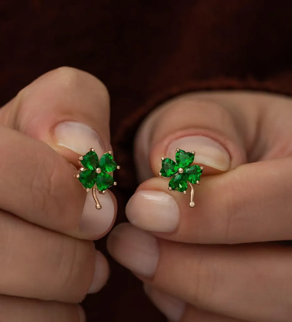 Boucles d'oreilles trèfle en or rose et argent, serties de vert, 8mm