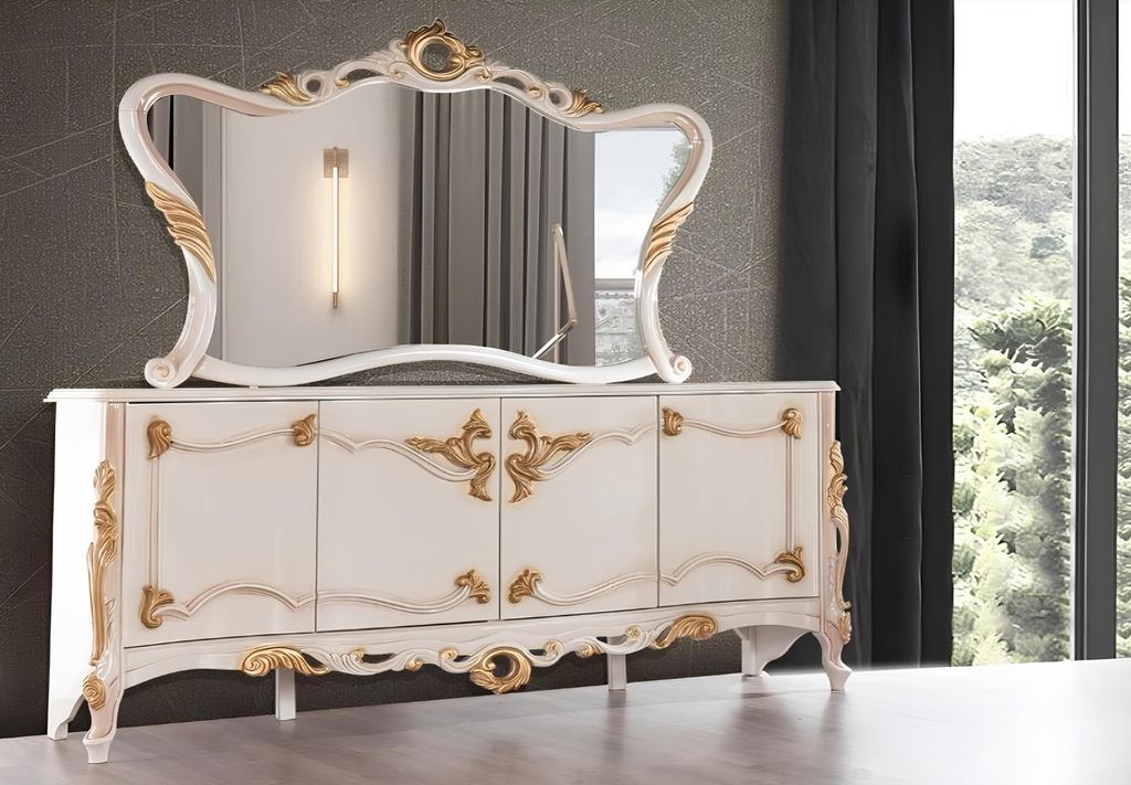 Anrichte mit Spiegel Garnitur Ess Barock Kommoden Holz Kommode Holz Schrank Neu