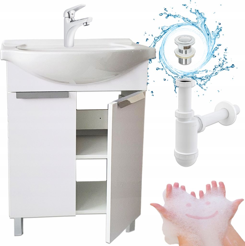 A white bathroom vanity with a ceramic sink and chrome faucet, along with plumbing parts and a smiley face made of soap bubbles.