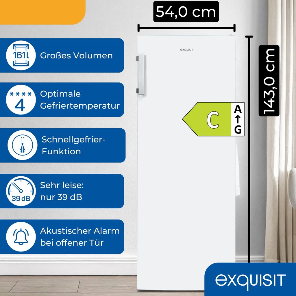 Exquisit Gefrierschrank GS5231-NF-H-040C – 161 Liter, No-Frost, LED-Anzeige, Leise (39 DB), In Inoxlook