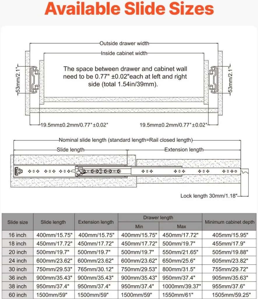 Guide de tiroir 450mm télescopique pour aménagement de placard sur mesure