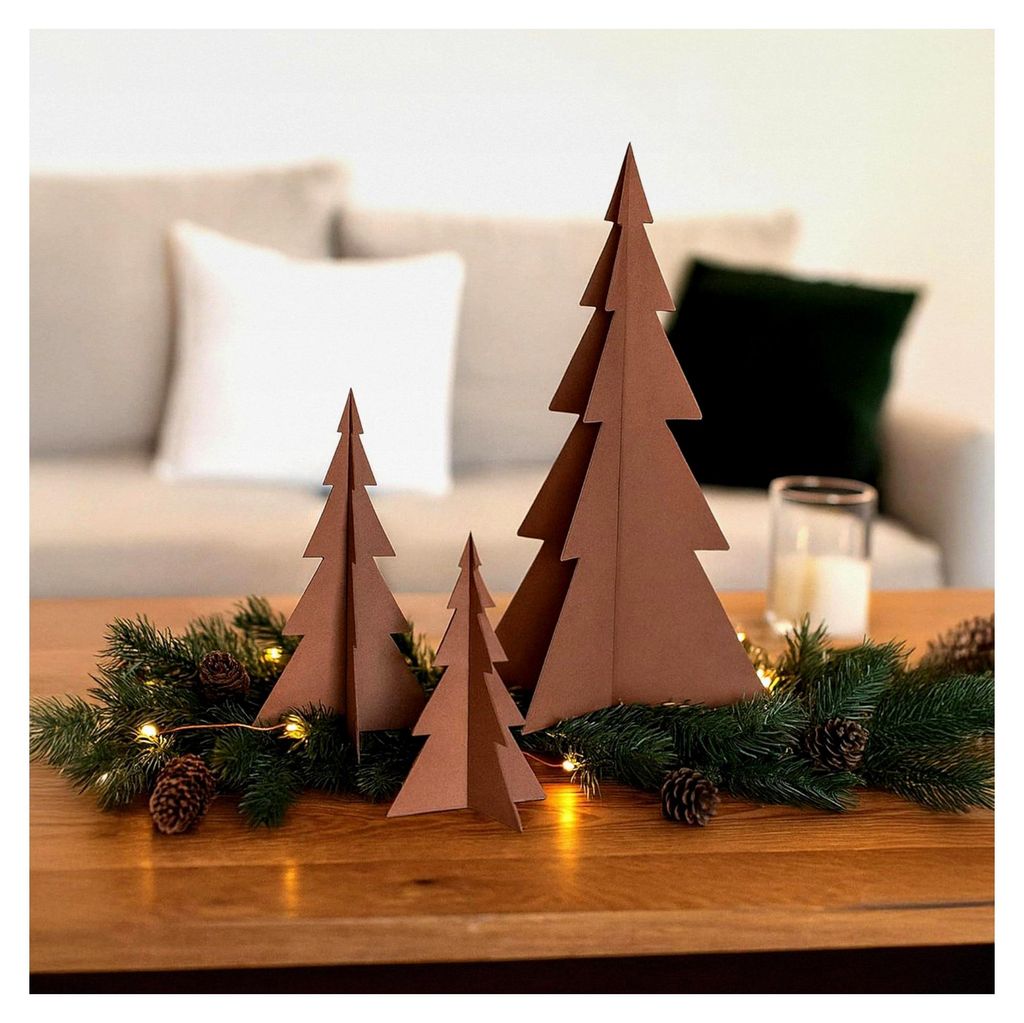 Tannenbaum-Aufsteller 3er Set in Rostoptik – dekorative Metallbäume für Weihnachten und Winter, geeignet für Innen- und Außenbereich