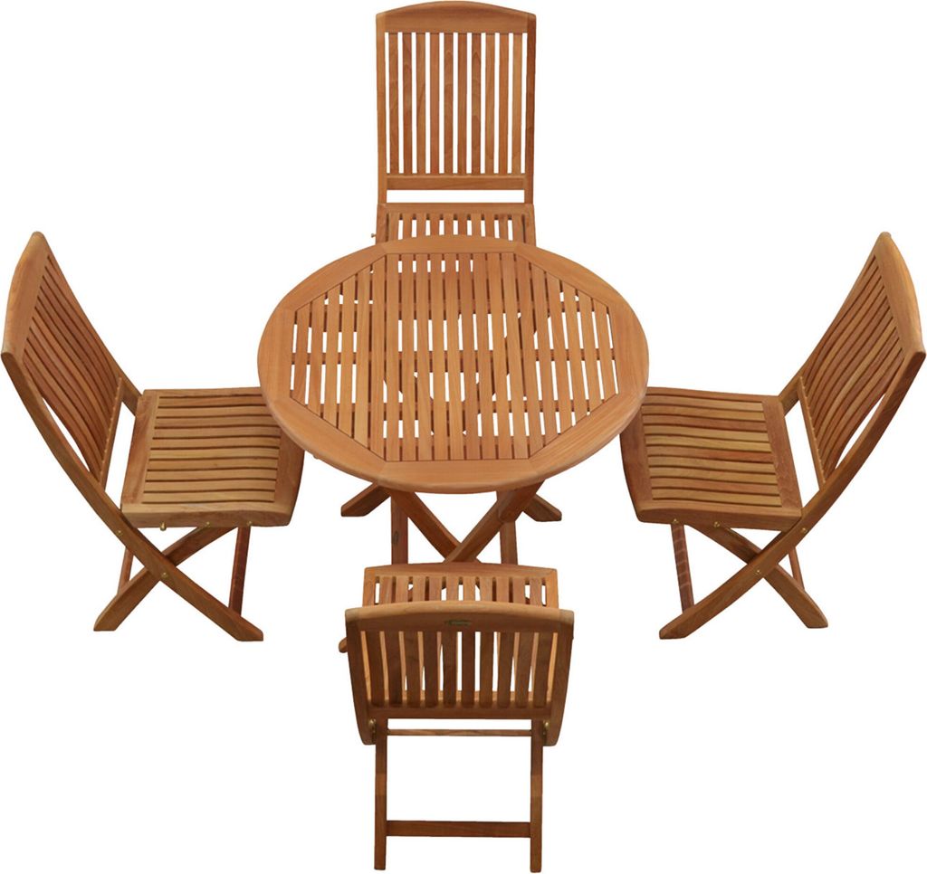 Garten-Essgruppen Premium Teak Sitzgruppe aus 4 Klappstühlen + 1 Klapptisch rund 90 cm edles Set aus Teak-Gartenmöbeln mit Klappfunktion