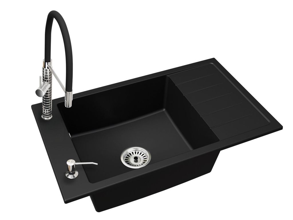 Küchenspüle Einbecken LUIS mit Abtropffläche + Siphon + Armatur FULL PRO + Seifenspender