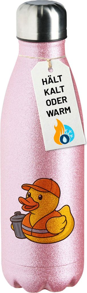 Huuraa Trinkflasche Quietscheente Müllmann Gummiente Müllabfuhr 500ml Pink Edelstahl Wasserflasche Trinkflasche Geschenkidee