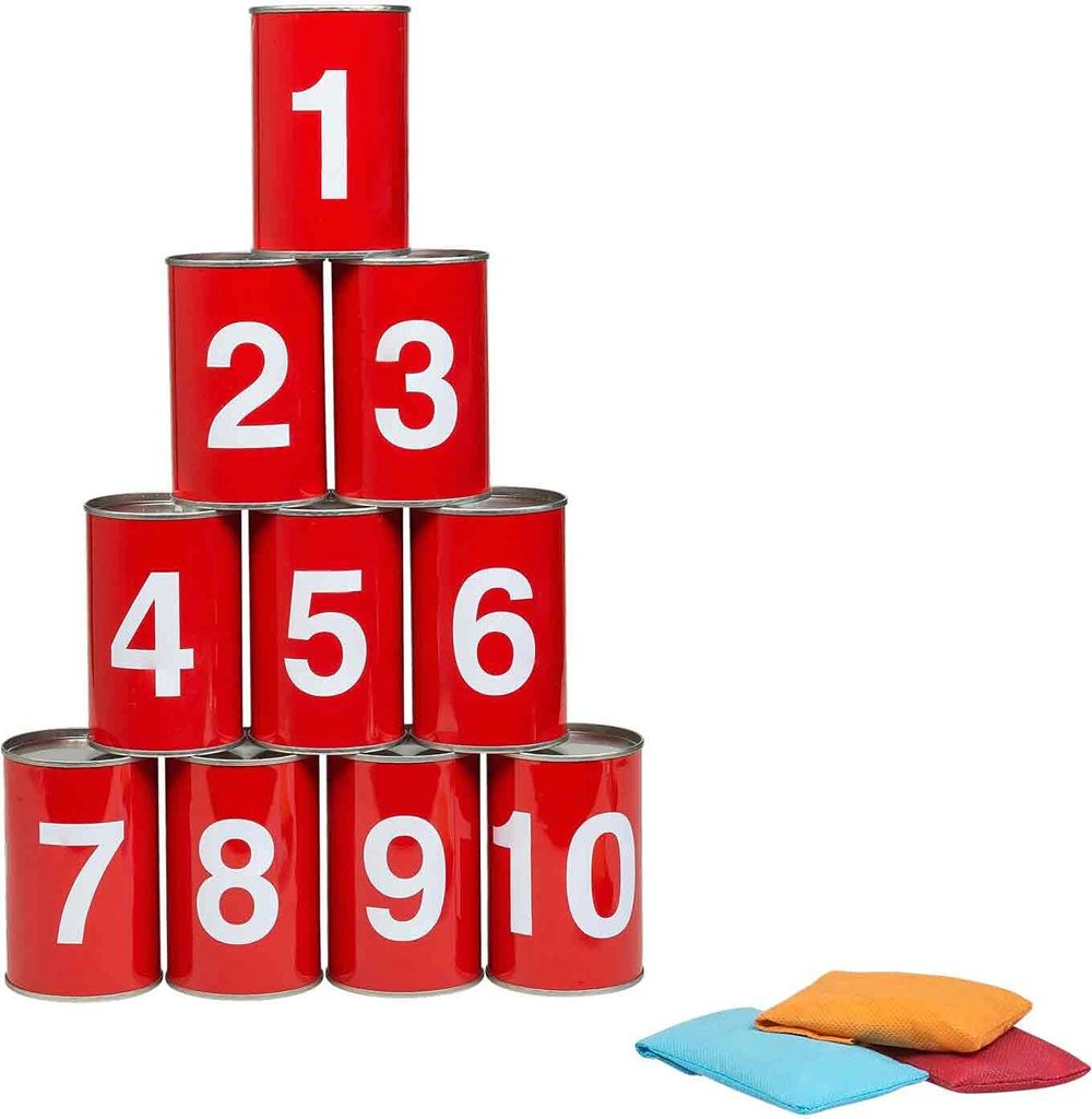 Idena 40189 - Spiel-Set Dosenwerfen mit 10 nummerierten Metall-Dosen und 3 Sand-Säckchen, Wurf- und Geschicklichkeits-Spiel für Geburtstagsfeiern...