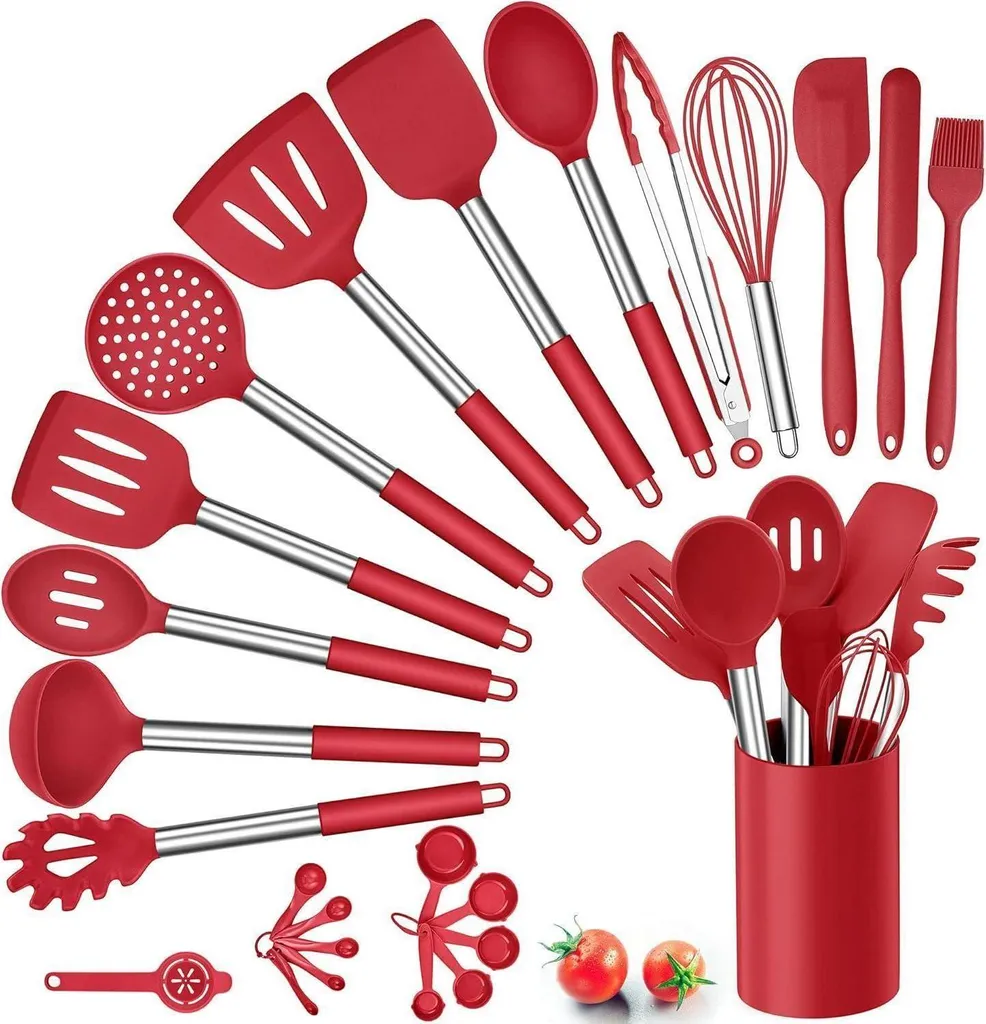 set di utensili da cucina in silicone da 25 pezzi con supporto, set di utensili da cucina resistenti al calore, manico in acciaio inox, set da cucina antiaderente, contenitore, rosso