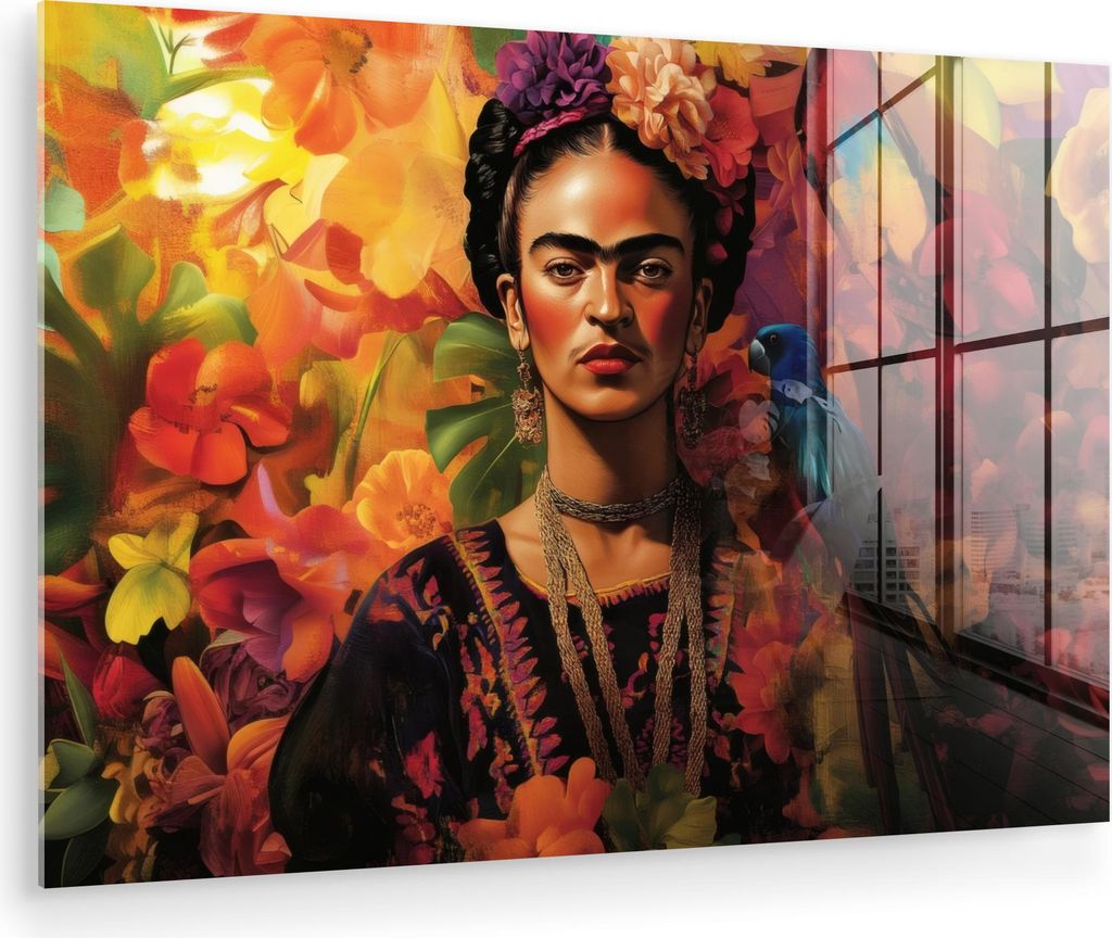 MuchoWow Glasbilder - Bilder auf Wandbild - Foto auf Glas Frau - Blumen - Papagei - Malerisch 90x60 cm Wanddekoration aus Glas - Acrylglasbild - Ac...