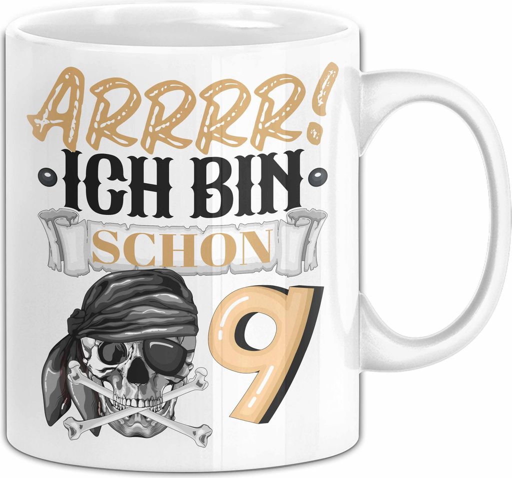 9. Geburtstag Geschenk Tasse Becher Jungs Pirat Arrrr Ich Bin Schon 9 (Weiß)