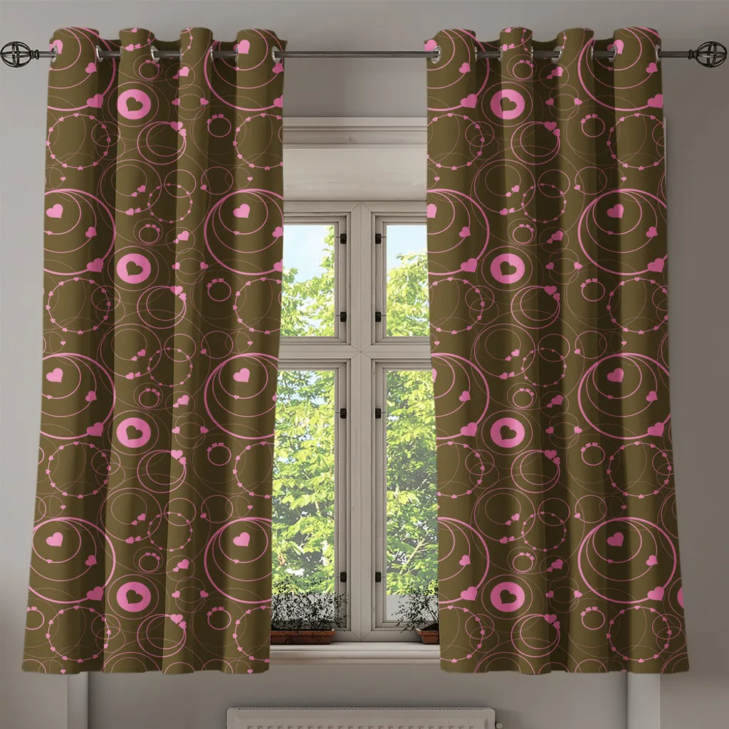 ABAKUHAUS Tenda con occhielli a forma di cuore, motivi romantici e elaborati ispirati alla festa di San Valentino con cerchi e forme rosa su sfondo scuro, tende decorative a 2 pannelli, 280 cm x 245 cm, rosa - 2