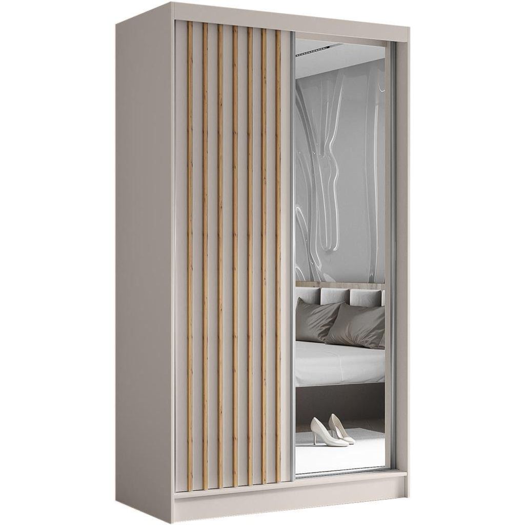 A wardrobe with sliding doors, one of which is mirrored and reflects a bedroom interior.