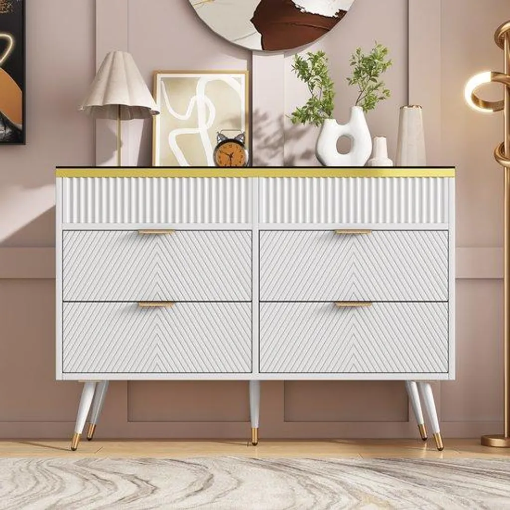 Buffet stable blanc 6 compartiments en verre ambré design chic