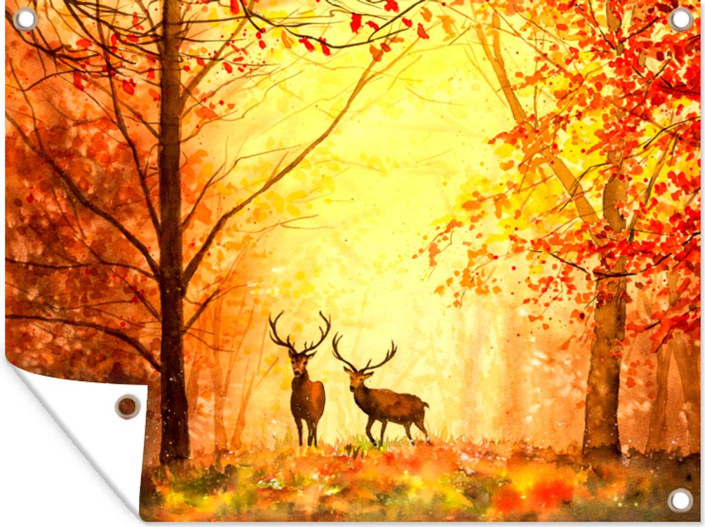 MuchoWow 80x60 cm Outdoor-Poster Gartendeko Sichtschutz Garten Poster für den Garten Natur - Ölfarbe - Hirsche - Tiere - Herbst - Orange