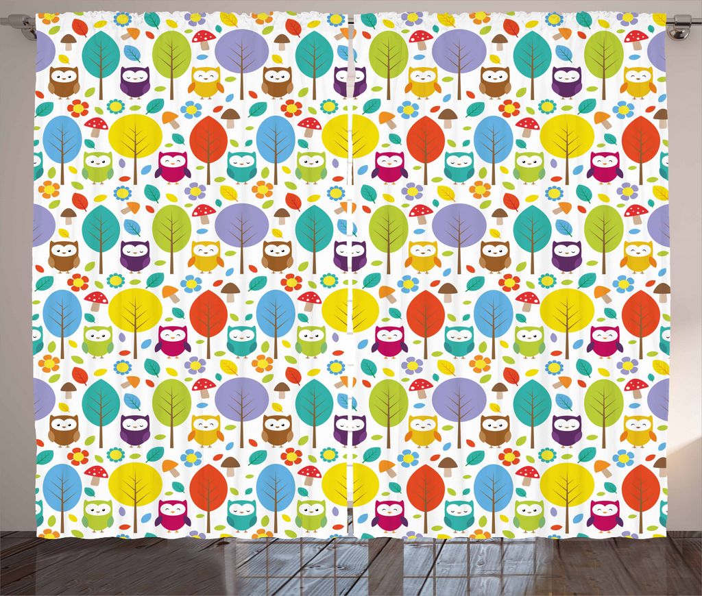 ABAKUHAUS Kindergarten Rustikaler Gardine, Bunte Wald Eulen, Schlafzimmer Kräuselband Vorhang mit Schlaufen und Haken, 280 x 245 cm, Mehrfarbig