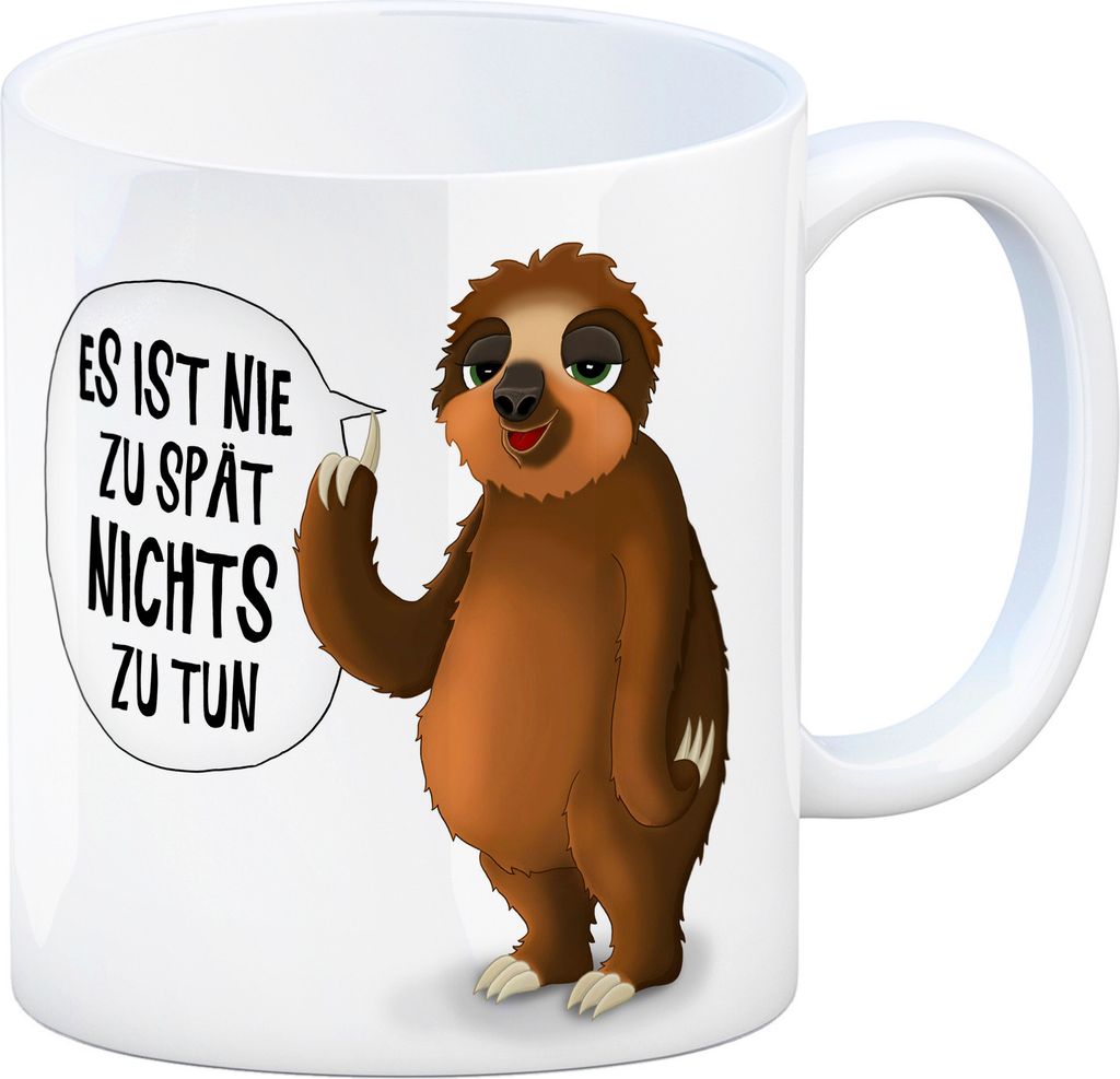 Kaffeebecher mit Faultier Motiv und Spruch: Es ist nie zu spät nichts zu tun