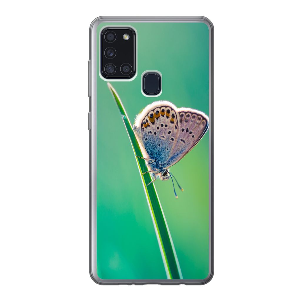 MuchoWow Handyhülle Schutzhülle Hülle für Samsung Galaxy A21s Schmetterling - Gras - Licht Silikon Softcase Handy Hülle - Hartschale