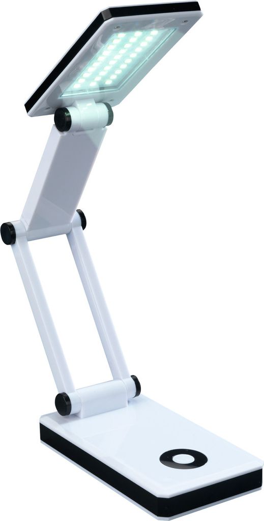 A white LED desk lamp with a black base and accents, shown in an upright, functional position against a white background.