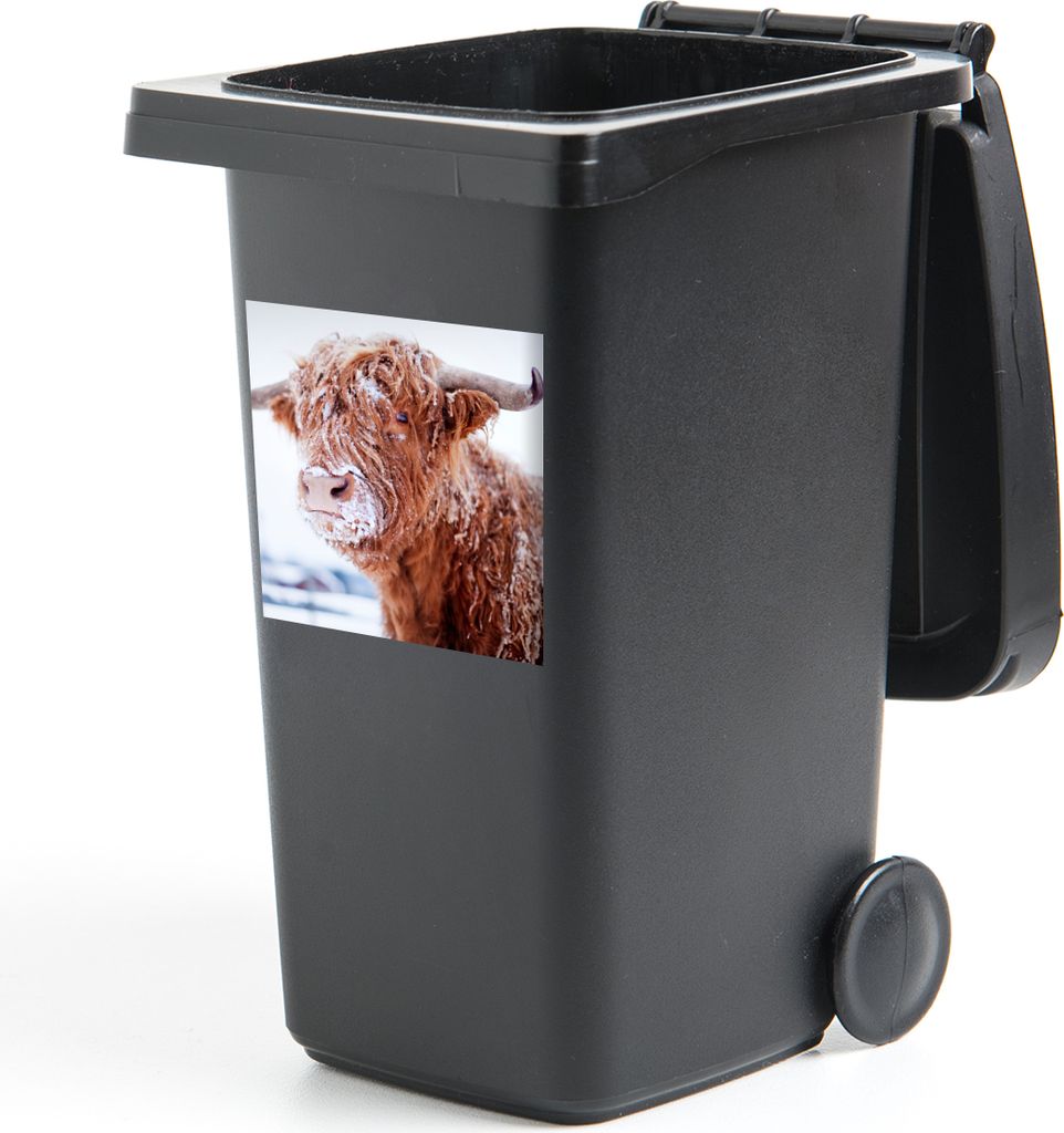 MuchoWow Mülltonnenaufkleber Schottischer Highlander - Schnee - Braun 40x40 cm - Abfall-Aufkleber - Container - für Abfallcontainer