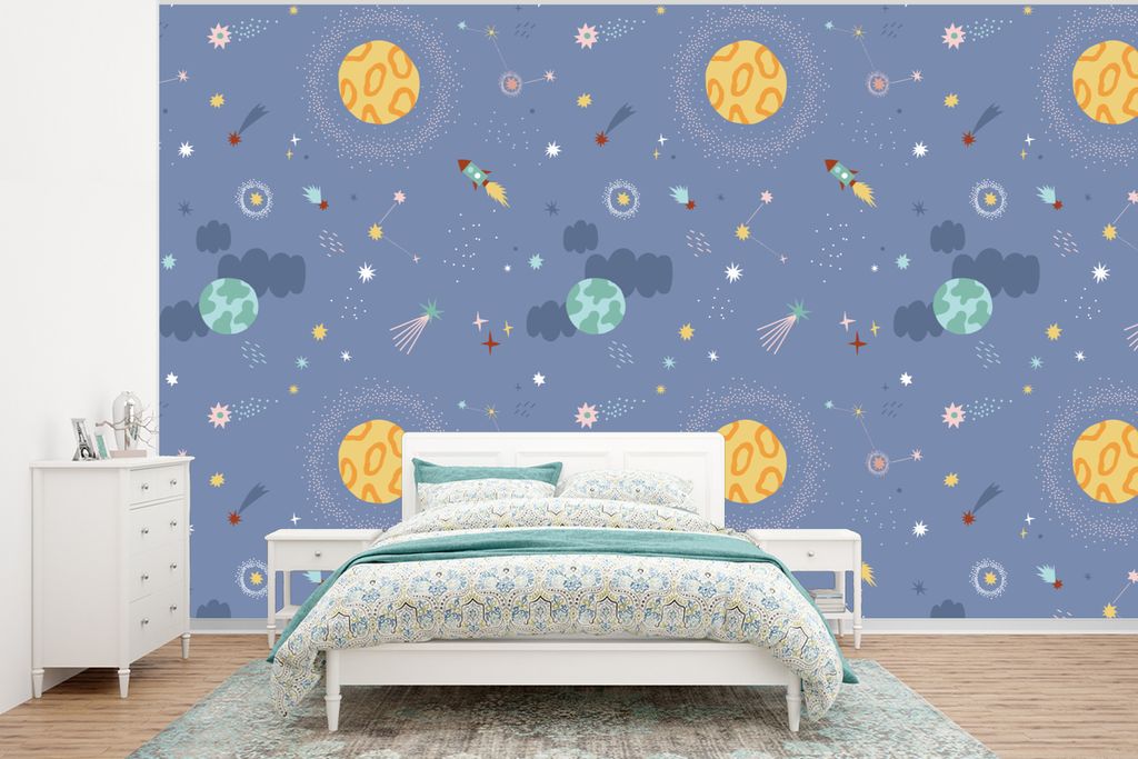 MuchoWow Fototapete für Wohnzimmer oder Schlafzimmer Wandtapete Vinyl Motivtapete Muster - Jungen - Kinder - Raumfahrt - 295x220 cm - Wand Tapete