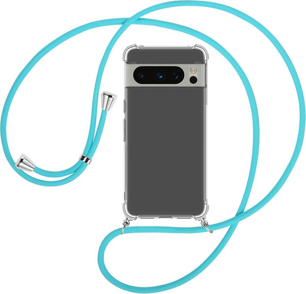 Handykette Backcover-Schutzhülle mit Band (Metall silberfarben) für Google Pixel 8 Pro (6.7'') - türkis
