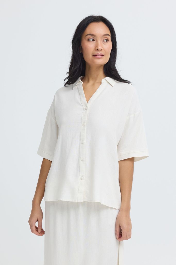 Oxmo OXNInna Damen Bluse Tunika Hemdbluse Leinenmix Loose Fit
