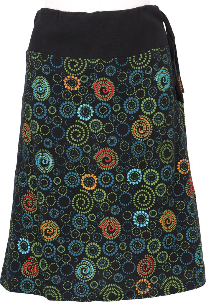 Bestickter Knielanger Rock, Farbenfroher Boho Chic Rock, Retro Mandala - Schwarz, Damen, Baumwolle, Größe: S
