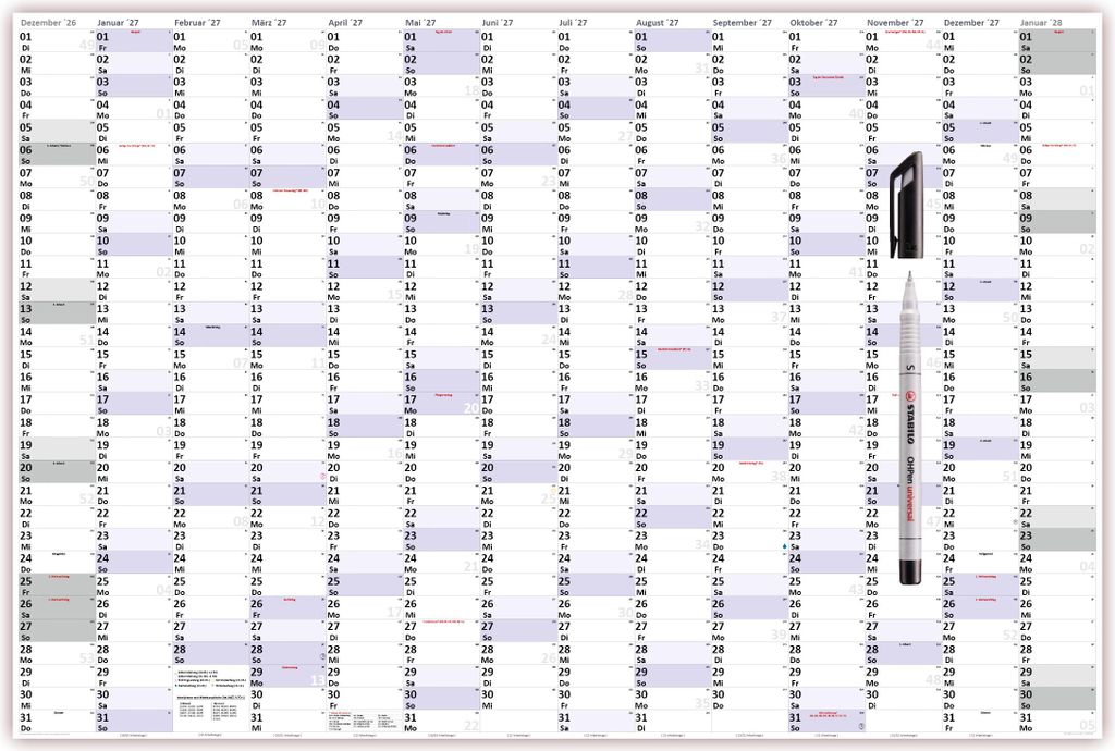 XXXL Wandkalender Special A0 2027 nass abwischbar + Folienstift (Format 120 x 80cm) Jahresplaner Wandplaner gerollt mit extra großen Tageskästche...