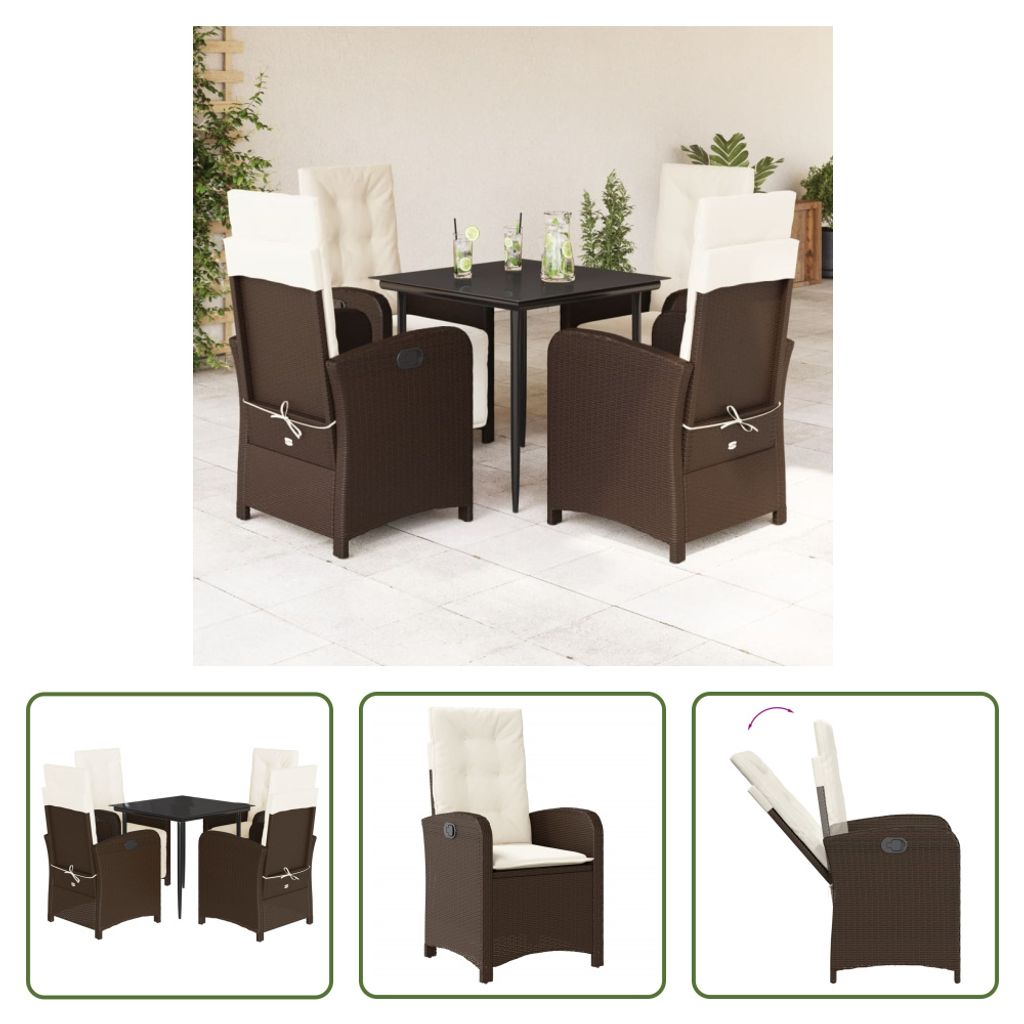 The Living Store 5-tlg. Garten-Essgruppe mit Kissen Braun Poly Rattan