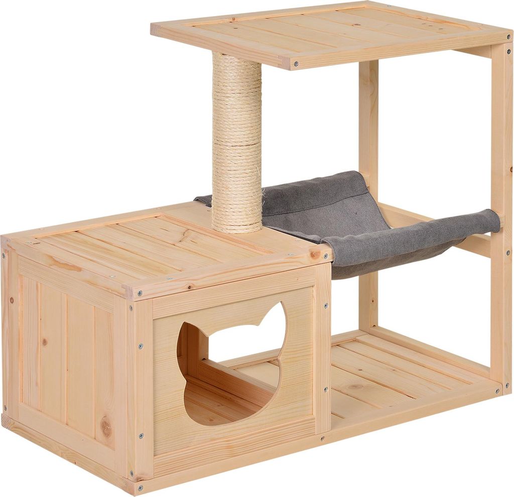 Katzenhaus mit Hängematte und Sisalstamm aus Tannenholz, Natur, 70x35x60 cm, Katzenhöhle, Aktivitätszentrum